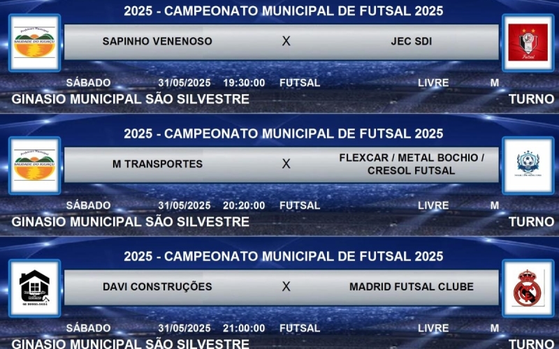 Campeonato Municipal de Futsal neste sábado (31/05)